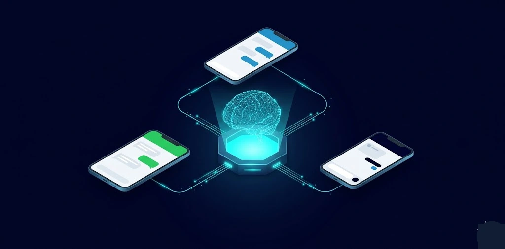 Three phones connected to a central AI brain processing guest conversations