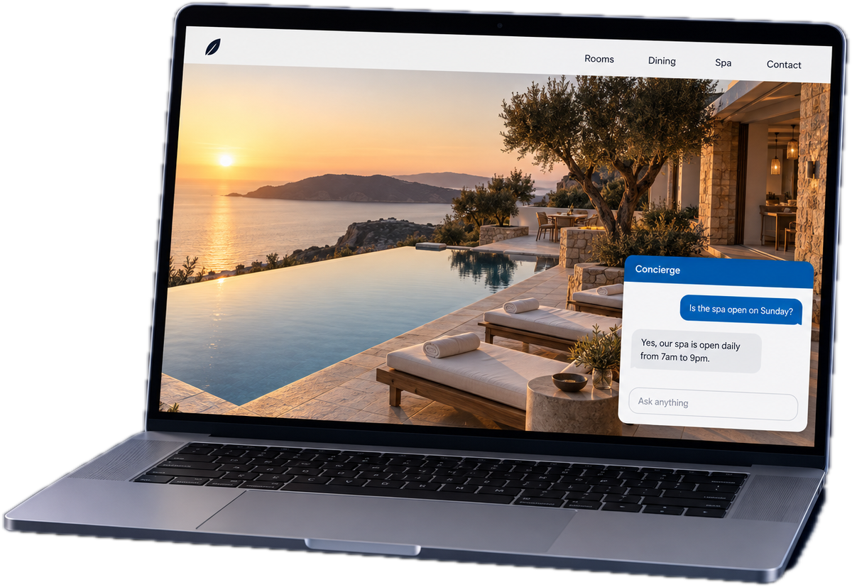 Laptop showing a hotel website with the Nevron chat widget open