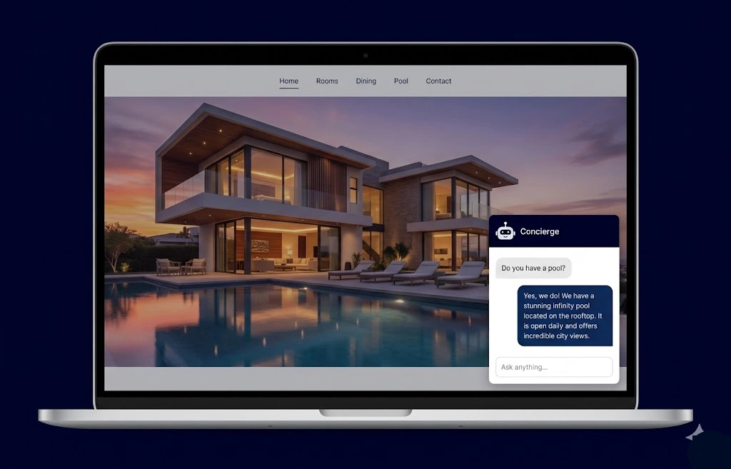 Laptop showing hotel website with embedded AI chat widget